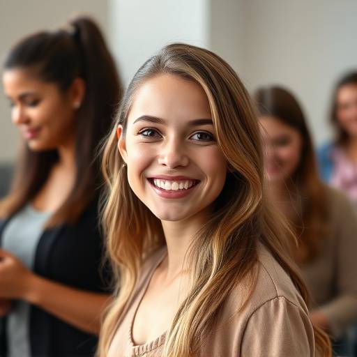 Jovem atriz sorrindo durante uma aula de atuaäão